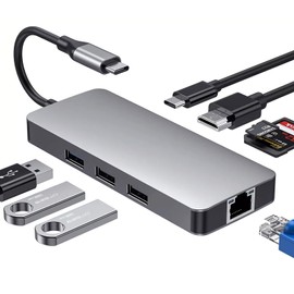 XuanGui USB C Hub Ethernet, 8 en 1 Adaptador multipuerto USB C, con RJ45 Ethernet, 4K HDMI, 100W PD, USB 3.0 y 2 USB 2.0, SD y TF, base tipo C para Thunderbolt 3, MacBook Air/Pro, superficie, etc
