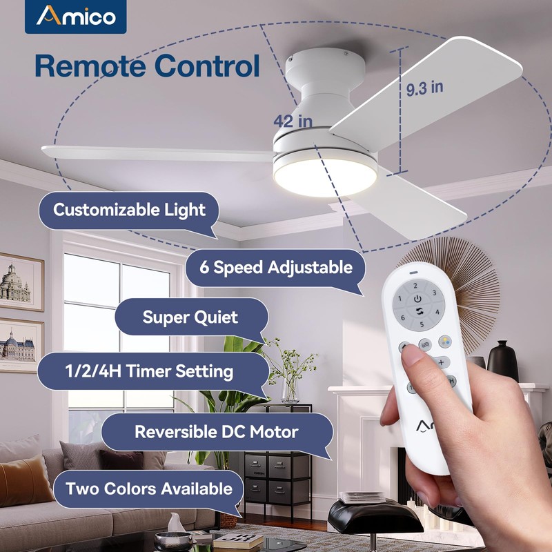 Amico Ceiling Fans with Lights, 42 inch Low Profile Ceiling
