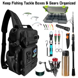 Fishing Backpack with Tackle Boxes DIY Logos, Waterproof Fishing Sling Tackle Bag with Rod Holder for Fishing Gear and Supplies Storage Bag (Black)