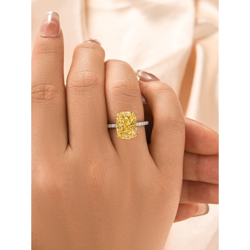 PAFIDDY Yellow Stone Ring Cushion Cut 4.5 Carat Cubic Zirconia,