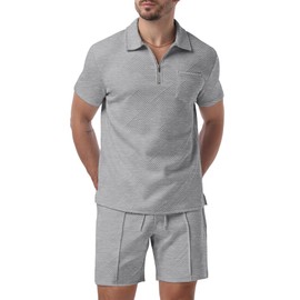 Askdeer Mens Short Sets 2 Piece Summer Track Suits Short Sleeve Sweatsuit Outfits 1/4 Zip Golf Polo Shirts Loungewear Gray