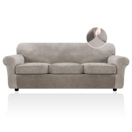 FestiCorp Velvet Sofa Cover, Couch Covers for 3 Cushion Couch Sofa Slipcovers for Sofas with 3 Cushions, Stretch 4 Piece Couch Cover, Thick Furniture Covers for Dogs Pets, Oversized Sofa, Taupe