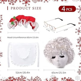 4-Piece Santa Claus Costume Women, Christmas Hat, Mrs Claus White Hair Wig & Glasses, Cosplay Costume Accessories, Glasses with Wire Frame, White Satin Apron with Lace Trim