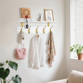 Lampaggio Wall Mounted Coat Rack with Shelf, 5 Gold Double Hooks, 3 Pegs, 16.5 inches White Wood Floating Shelf for Entryway, Bathroom, Bedroom