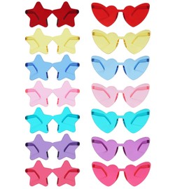 VirtuGro 14 Pairs Heart Sunglasses Rimless Star Shaped Sunglass Multipack Colorful Party Glasses Hippie Funky Glasses Hen Party Eyewear for Kids Adults Women Men Bachelorette Party Photo Booth Props