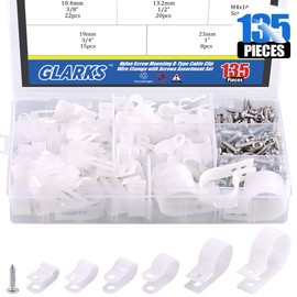 Glarks 135Pcs 6 Sizes 1/4''-1'' White Nylon Screw Mounting R-Type Cable Clip Wire Clamp with 132Pcs Screws for Wire, Cable, Conduit and Cable Conduit Kit (White)