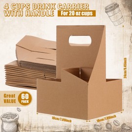 Sherr 60 Pack 4 Cup Kraft Drink Carrier with Handle Hold up to 20 oz Kraft Paperboard Cup Holder Disposable Paperboard Cup Carriers for Drinks Take out Cup Carriers for Food Beverage Delivery Service