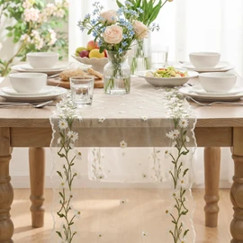 Artoid Mode Daisy Floral Beige Apricot Shaped Gauze Embroidery Table Runner 120 Inch 10FT, Tulle Spring Summer Kitchen Dining Table Decor for Home Party