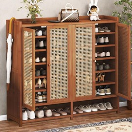 lyvcev Bamboo Shoe Cabinet with Doors, 8-Tier Shoe Rack for Closet, 36-40 Pairs Freestanding Shoe Storage Cabinet for Hallway Living Room (Brown)