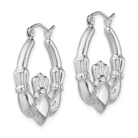 Real 925 Sterling Silver Celtic Irish Claddagh Hoop Puffed Shrimp Earrings - 27mm x 25mm