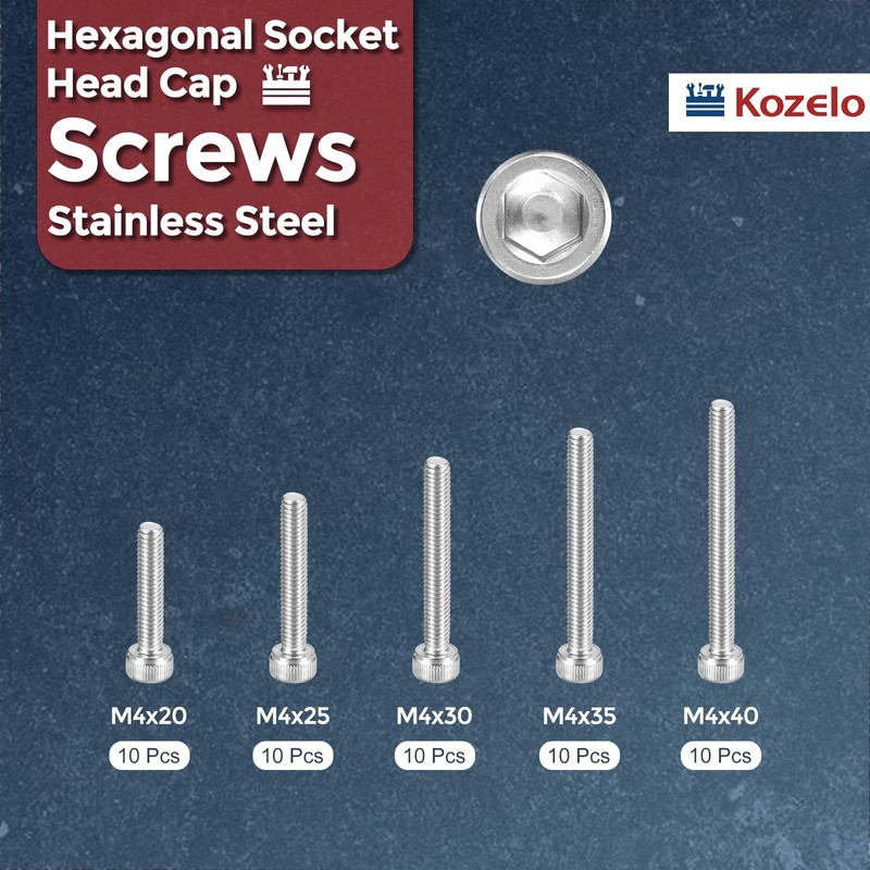 Kozelo 50pcs M4 Socket Head Cap Bolt Nut Assortment Kit