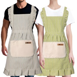 BERVASTO 2Pcs Kitchen Cooking Aprons, Adjustable Bib Aprons with 2 Pockets & Hand Wipe Pocket for Womenand men (2, grey green)