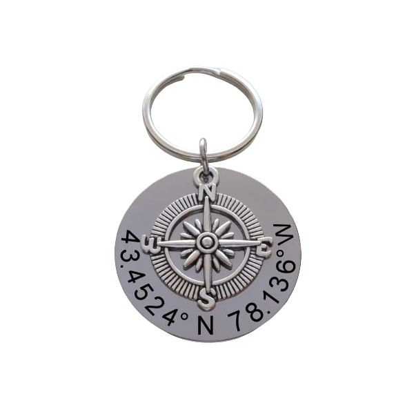 Custom Compass Keychain with Engraved Steel Disc for Coordinates, Couples