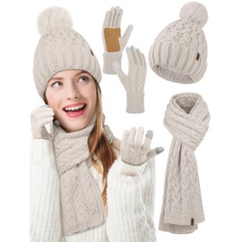Aneco Women Winter Beanie Hat Scarf Gloves with Pom Pom Fleece Lined Touchscreen Gloves Set Thick Warm Knit Cap 3-in-1 Set