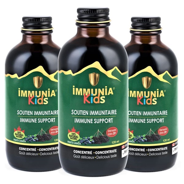 Immunia KIDS - Elderberry Supplement for Kids. Canadian Elderberry & Wild blueberry concentrated. Immune support. Delicious taste. No sugar added. Made in Canada with fruits from Canada (3 bottles)