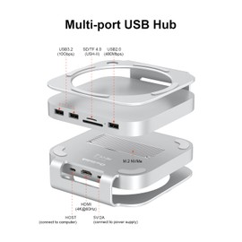Qwiizlab Aluminum Stand Hub with SSD Enclosure, Docking Station for Mac Mini M4/M4 Pro, 2 USB-A 10Gbps, TF/SD 4.0 Card Readers 312MB/s, HDMI 4K 60Hz, USB-A 2.0, Fits M.2 NVMe SSD up to 8TB (Silver)