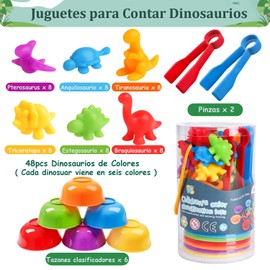 Juguetes Montessori para Niños 3+ Años, Juguete para Contar Dinosaurios con Pinzas y Tazones, Juguetes Didacticos de Clasificación de Colores, Material Didáctico Preescolar Regalos para Niños