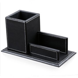 KINGFOM Office Accessories Multipurpose Leatherette Desktop Mesh Collection Container Pen Pencil Holder Caddy Organizer & Business Cards Holder Stand (black)