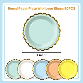 EiPibaibyi 50 PCS Colorful Scalloped Paper Plates 7 Inch with Gold Foil Edge, Disposable Dessert Plates for Birthday Baby Shower Wedding Party Decorations