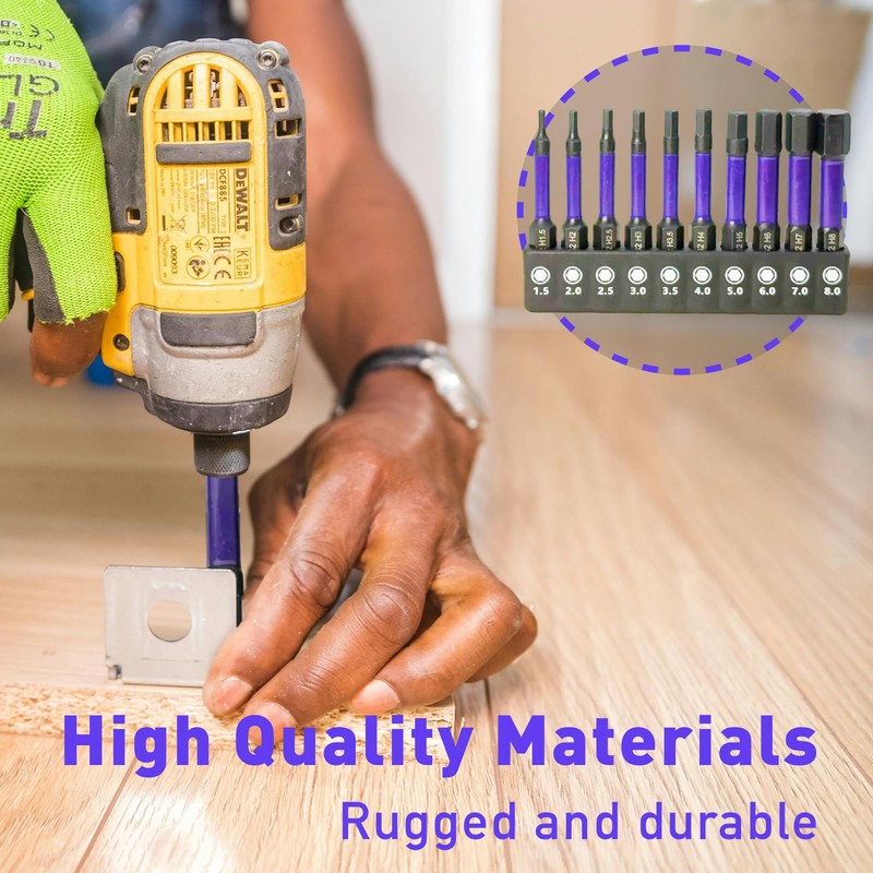 Impact Hex Bit Set, 10-Piece, 1.5-8mm, S2 Steel, 1/4-inch Shank