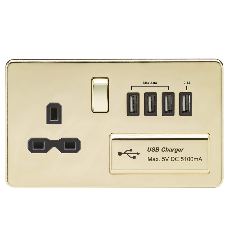 Knightsbridge SFR7USB4PB Screwless 1G 13A Switched Socket with Quad USB