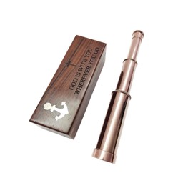 Nautical Brass Handheld Working Telescope | Spyglass Replica in Wooden Box | God is with You Wherever You Go | Sailor Ship Home Decor Pirate (10 '') Copper Finish Collectbles Telescope