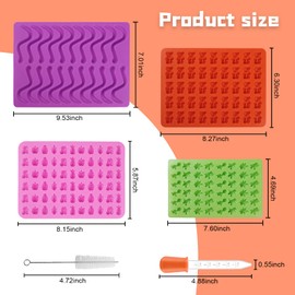 4 Pcs Silicone Gummy Candy Molds Kit,Non-Stick Chocolate Candy Gummy Mould with 2 Droppers Including Dinosaur, Bear, gummy worm and Fruit Shape DIY Baking & Party Favors