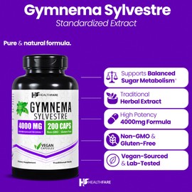 Healthfare Gymnema Sylvestre Supplement Extract 4000mg | 200 Vegan Capsules | Standardized Herbal Supplement for Metabolic Balance & Carbohydrate Support | Non-GMO, Gluten-Free | Made in USA