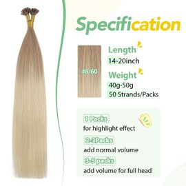XDhair U Tip Hair Extensions Human Hair 50 Strands 40g 16inch Ombre Ash Brown to Platium Blonde Hair Extensions Keratin Fusion Hair Extensions #8/60 16inch