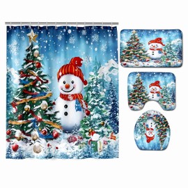 Moladika 4 Pcs Merry Christmas Shower Curtain Sets with Rugs Winter Snowman Bathroom Set Home Bath Bathtub Decor Xmas Tree Durable Curtains Mats for Bathroom 72 x 72 Inch