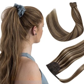 Hetto Clip in Ponytail Extensions Wrap Around Real Hair Ponytail Extensions #4 Brown Highlight #27 Blonde Human Hair Ponytail Hair Extensions Natrural Straight 70g 14Inch