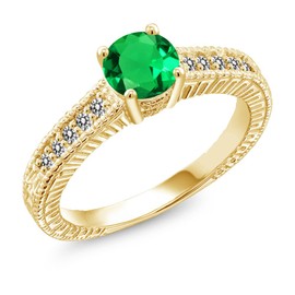 Gem Stone King 0.94 Ct Green Simulated Emerald White Diamond 18K Yellow Gold Plated Silver Engagement Ring (Size 5)