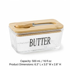 Ymeibe Glass Butter Dish with Bamboo Lid and Knife, 500 mL Airtight Cheese Storage Container for Countertop Butter Keeper for Fridge (Smooth, 16 fl oz)