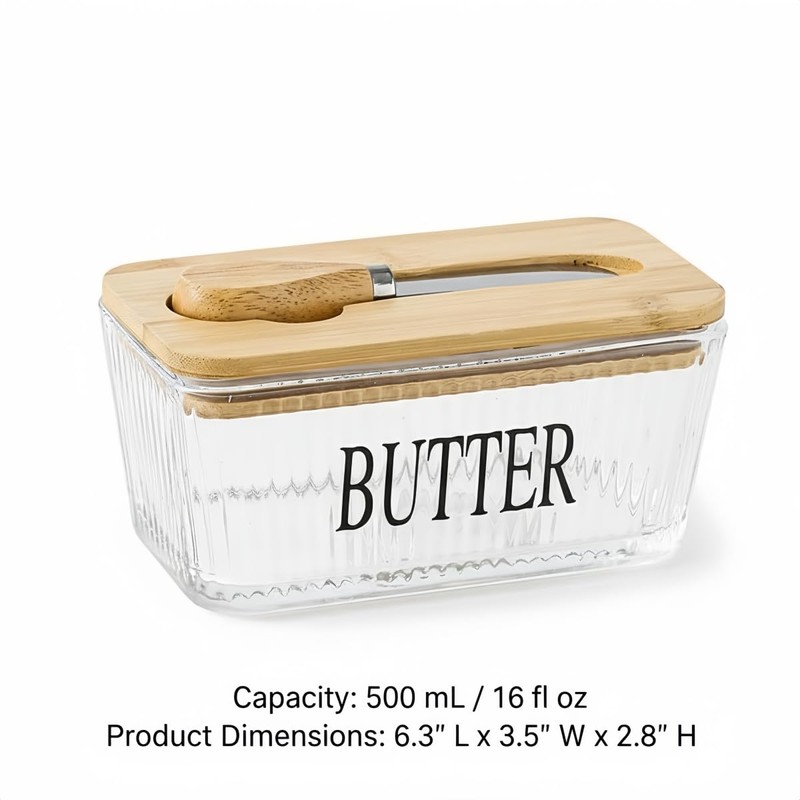 Ymeibe Glass Butter Dish with Bamboo Lid and Knife, 500