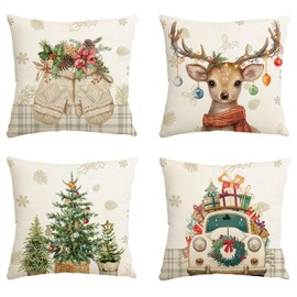 Avezano Christmas Winter Cushion Covers 45 x 45 cm Retro Deer Xmas Tree Cushion Covers Christmas Holiday Farmhouse Throw Pillow Covers for Sofa Couch Bed Home Decorations Set of 4