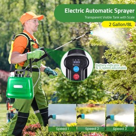 Electric Garden Sprayer, Upgraded 2 Gallon Battery Powered Sprayer with 3 Adjustable Speed, Battery Indicator, 4 Mist Nozzles, 32" Retractable Wand, USB Rechargeable Weed Sprayer for Lawn Garden Yard