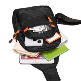 MOSISO Small Sling Backpack Crossbody Sling Bag, Lightweight Hiking Daypack Shoulder Chest Bag with Camouflage Front Pocket, Black