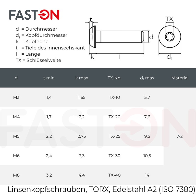 FASTON Flat Head Screws Hexalobular (TORX) M6 x 20 Stainless