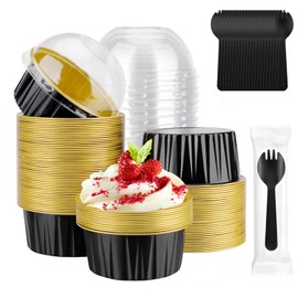 EUSOAR Creme Brulee Ramekins Disposable, 60pcs 5oz Foil Baking Cups with Lids and 60pcs Sporks Individually Wrapped, Disposable Foil Ramekins with Lids for DIY Picnic Wedding Birthday Party Favor