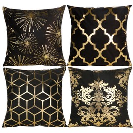 Pack of 4 Decorative Throw Pillow Cover, Luxury Glitter Thick Black White Couch Cushion Cover Gold Foil Pillow Covers 18 x 18 Inch Elegant Design for Couch Sofa Bedroom Living Room Home Decor