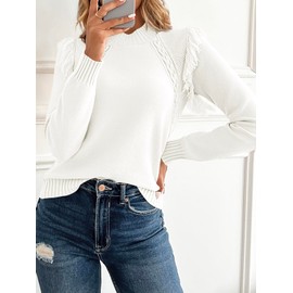 Saodimallsu Womens Cable Knit Sweaters Mock Neck Fringe Fitted Long Sleeve Boho Trendy Pullover Tops White