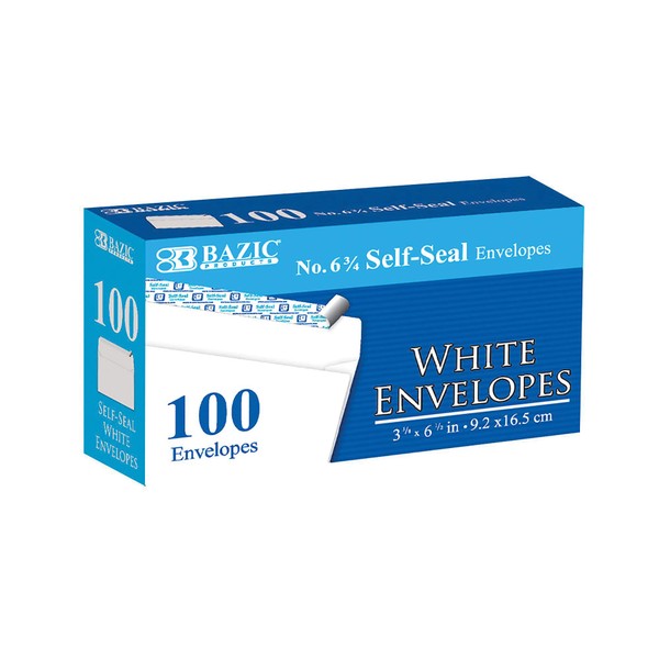 BAZIC Self Seal White Envelope 3 5/8" x 6 1/2" #6, No Window Mailing Envelopes, Peel & Seal Mailer for Business Invoice Check (100/Pack), 1-Pack