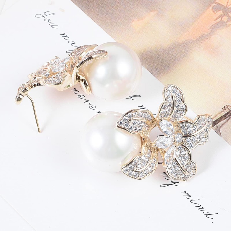 Blooming Flower Drop Cubic Zirconia Big Round Pearl Stud Earrings