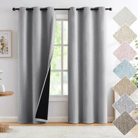 Grey Full Blackout Window Curtain Panels 63 inches Long Burlap Linen Textured, Short Thermal Insulated Burlap Linen Bedroom Drapes Thermal Insulated Winter Curtains 40"x63"x2, Gray