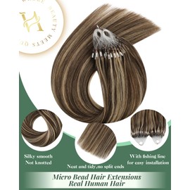 Ugeat Highlight Microlink Hair Extensions for Short Dark Brown Highlight Caramel Brown Micro Bead Loop Real Human Hair Extensions Natural Looking for Women By Cold Fusion 14 Inch 50S 50G