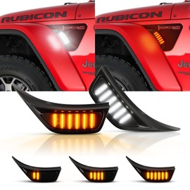 Gempro LED Sequential Side Marker Light Front Fender Vent Light for Jeep Wrangler JL JLU 2018-2023 ​Switchback Turn Signal Lamp Assembly Smoked Black, 2PCS