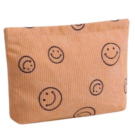 ArranVolver Corduroy Travel Makeup Bag for Women, Cosmetic Pouch with Metal Zipper, Makeup Brush Organizer Bags (Smiles Brown)