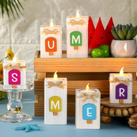 MiniInflat Set of 6 Summer Color Ice Cream Summer Letter Candlestick Set, Wooden Tea Light Candlestick Lady Gift, Summer Warm Romantic Candlestick Wedding Candlestick Decoration