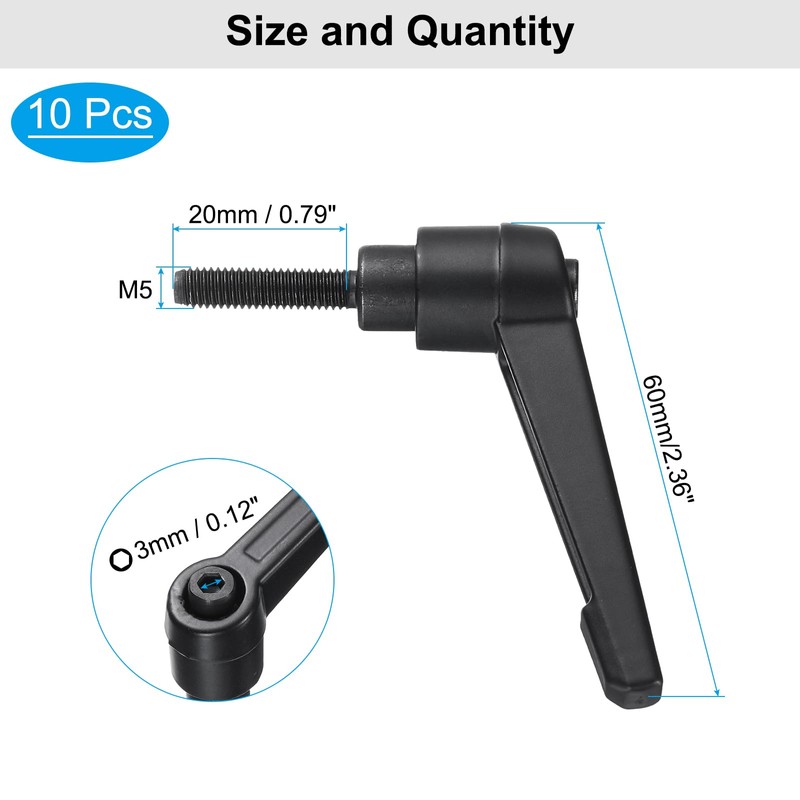 sourcing map 10pcs Lever Adjustable Handles M5 x 20mm Metric