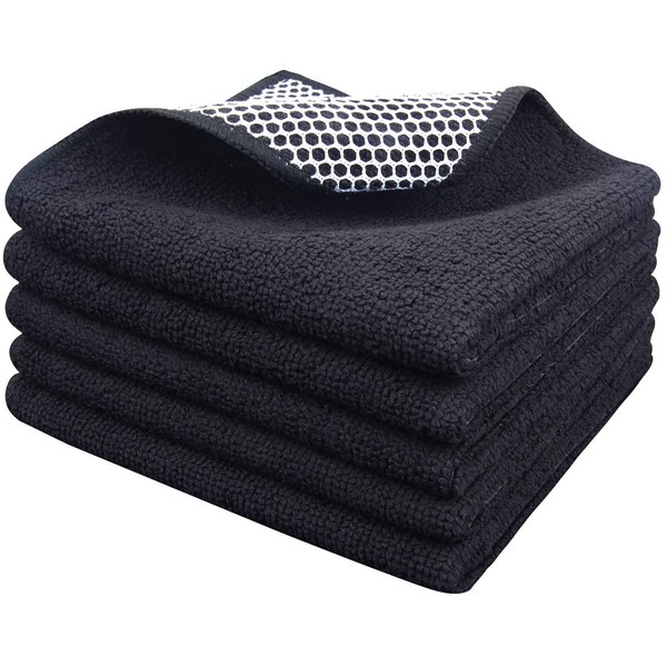 SINLAND Microfiber Dish Cloth Best Kitchen Cloths Cleaning Cloths with Poly Scour Side 12Inchx12Inch 5Pack, Black